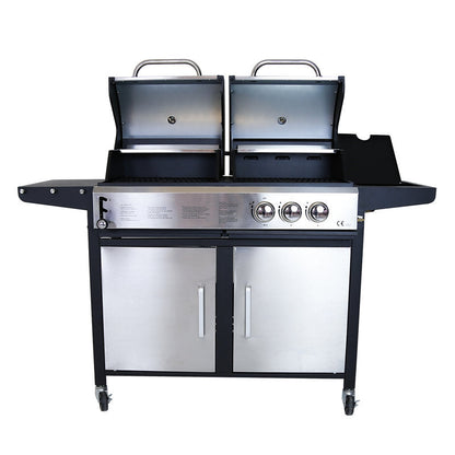 2+1 Burner Gas & Charcoal Combination BBQ Grill – Stainless Steel