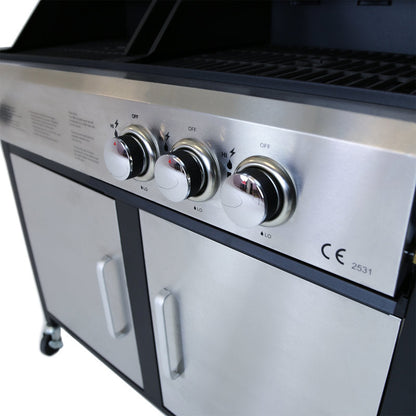 2+1 Burner Gas & Charcoal Combination BBQ Grill – Stainless Steel