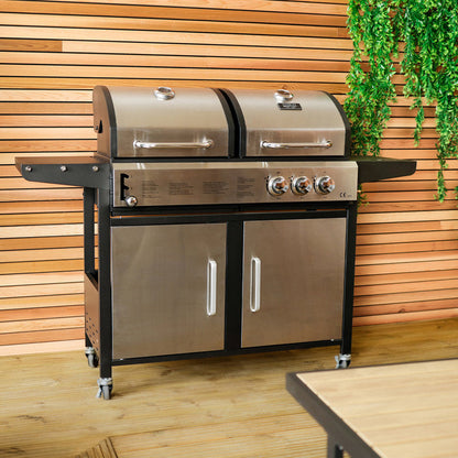 2+1 Burner Gas & Charcoal Combination BBQ Grill – Stainless Steel