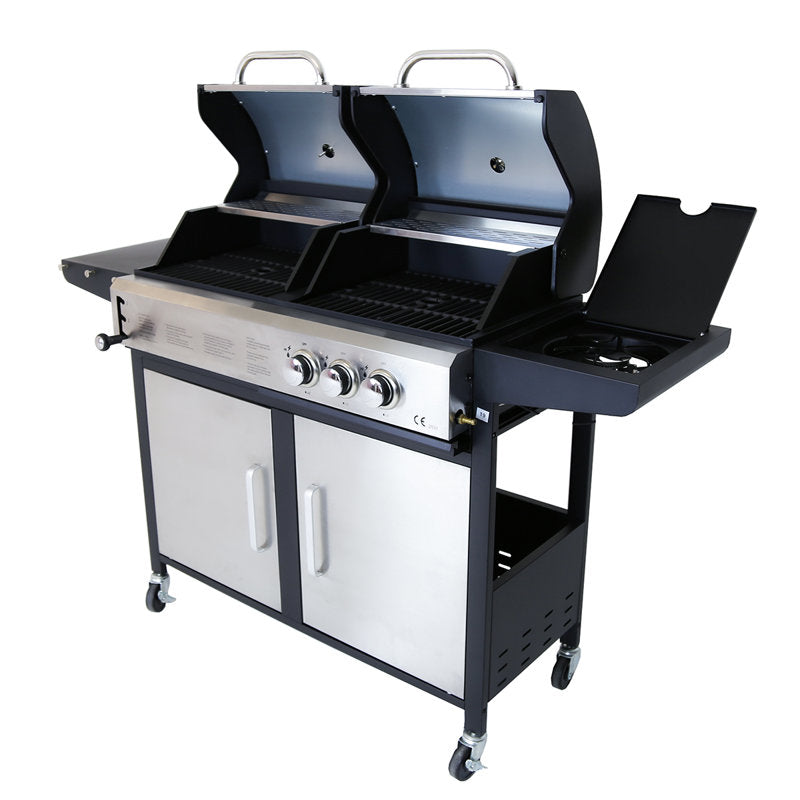 2+1 Burner Gas & Charcoal Combination BBQ Grill – Stainless Steel